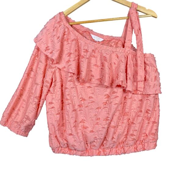 Lauren Conrad Tops - Lauren Conrad Womens Blouse Peach Coral One Shoulder Ruffle Fringe Stretch L